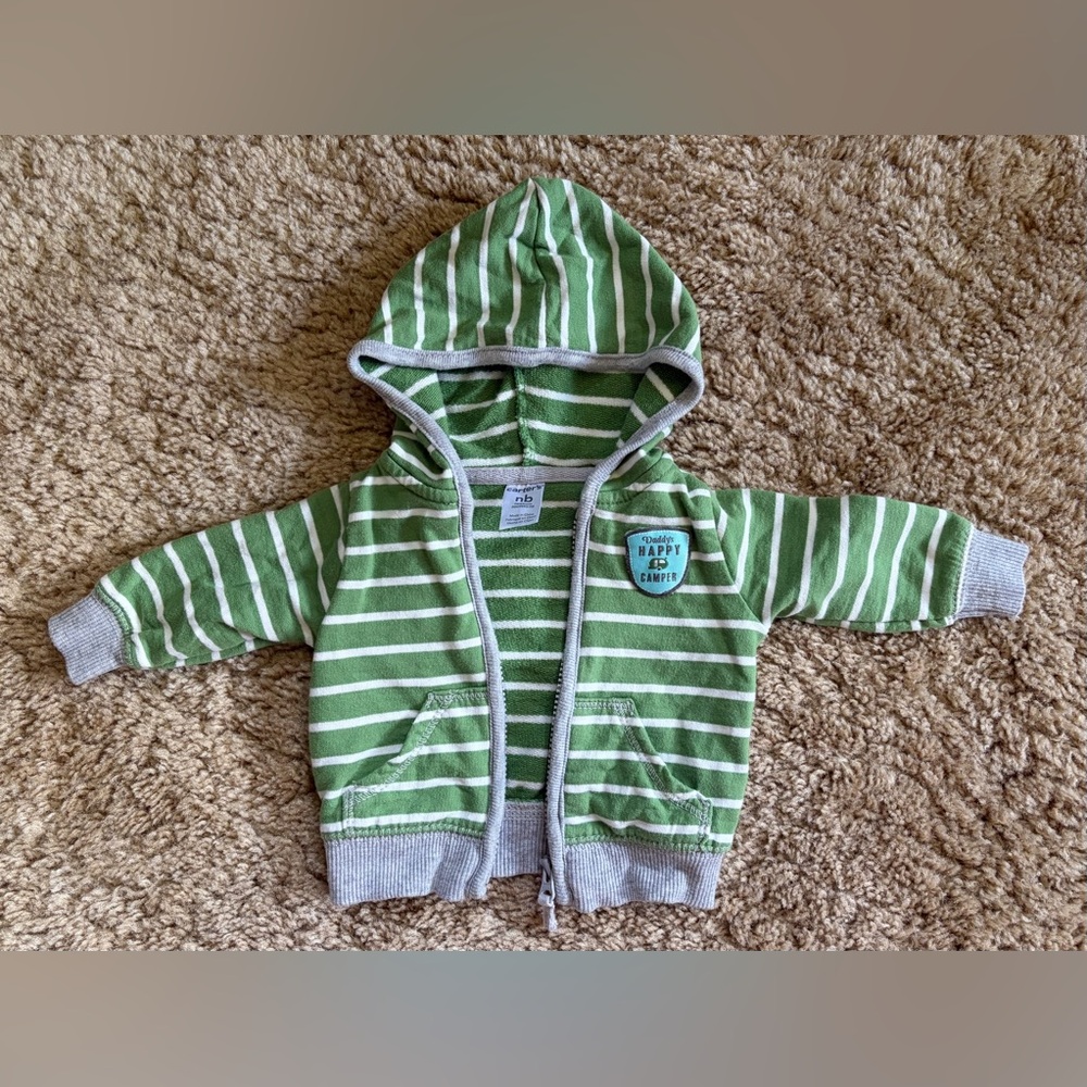 Newborn Striped Green and Gray Hooded Zip-up  with “Daddy’s Happy Camper” Logo